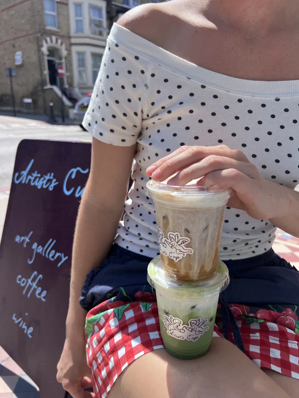 Iced coffee and matcha outside the Artist's Cup, Battersea